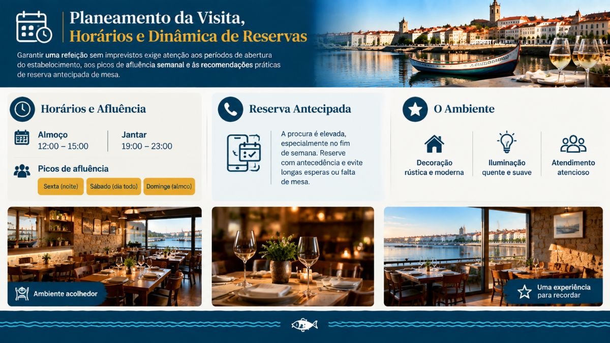 Infográfico com informações sobre horários de funcionamento, reservas antecipadas e ambiente do restaurante Portuguesia em Vila do Conde.