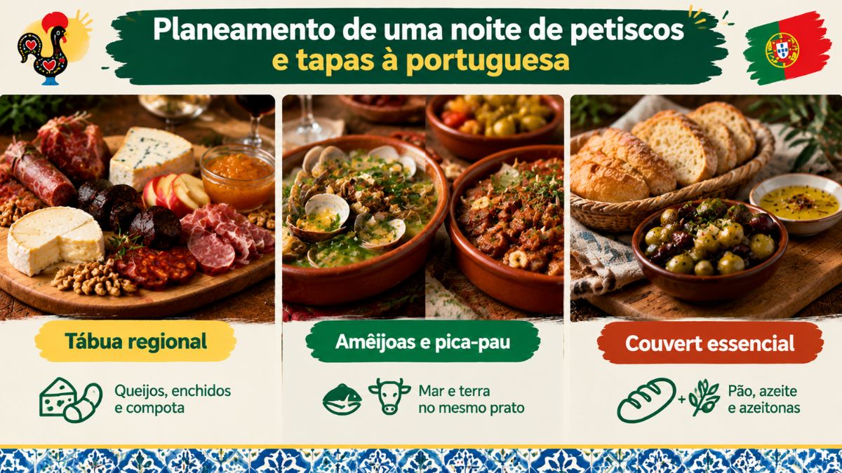 Infográfico com opções de petiscos tradicionais de Portugal incluindo tábua regional de queijos e enchidos, amêijoas à Bulhão Pato, pica-pau e couvert com pão e azeitonas para o jantar.