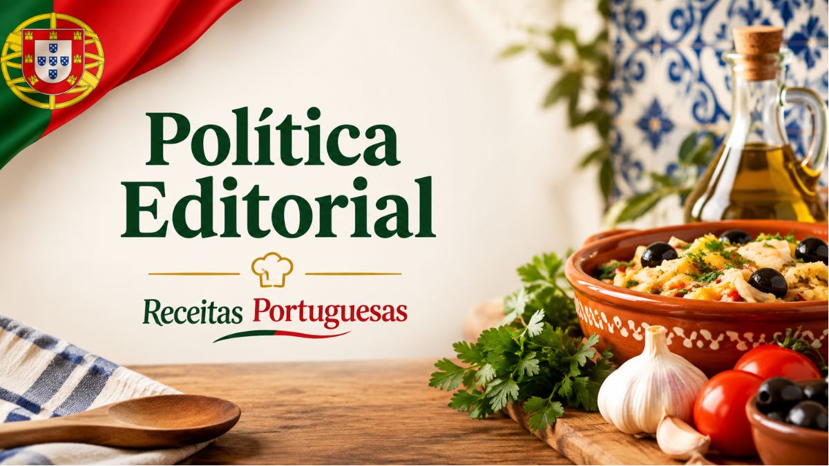 Banner oficial da Política Editorial do site Receitas Portuguesas, exibindo a bandeira de Portugal e um prato tradicional de bacalhau.
