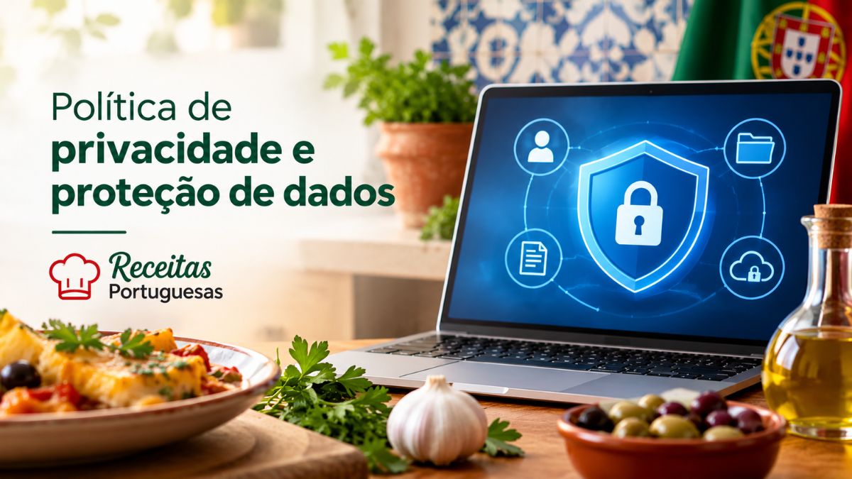 Computador portátil a apresentar ícone de escudo de segurança digital ao lado do texto sobre política de privacidade e proteção de dados do portal Receitas Portuguesas com elementos de culinária tradicional.