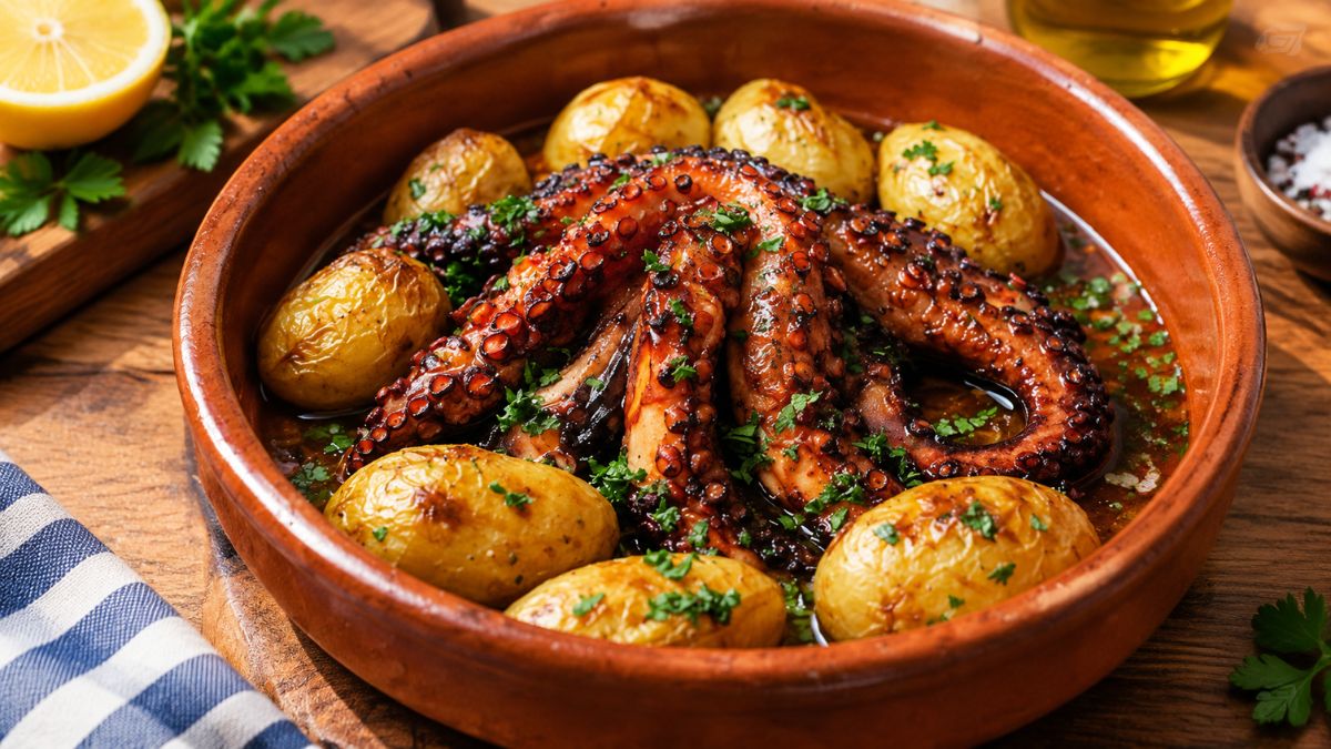 Polvo à lagareiro assado em recipiente de barro com batatas a murro douradas, regado com azeite e polvilhado com coentros frescos picados.