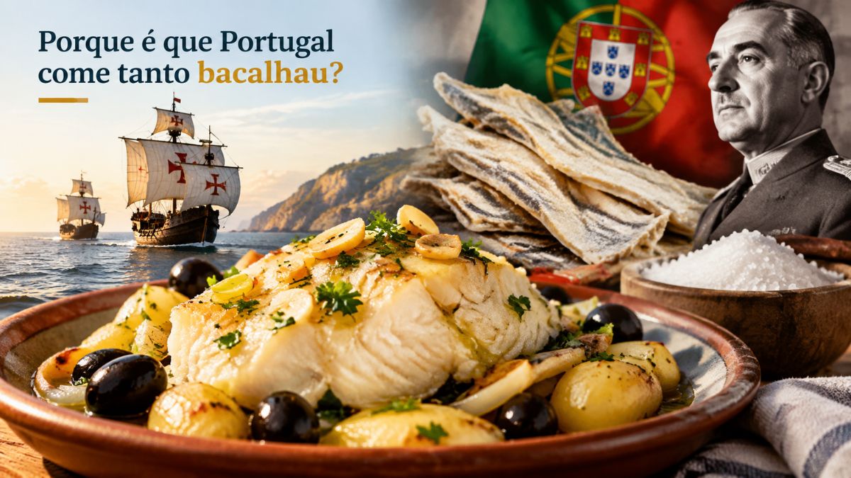 Prato tradicional de bacalhau assado com batatas e azeitonas em primeiro plano, com ilustrações ao fundo de caravelas das navegações, postas de peixe seco com sal, a bandeira de Portugal e a figura de Salazar.