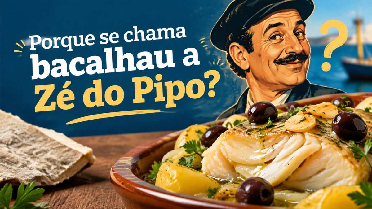 Ilustração sobre porque se chama bacalhau à Zé do Pipo, mostrando a personagem de Zé do Pipo e o prato tradicional.