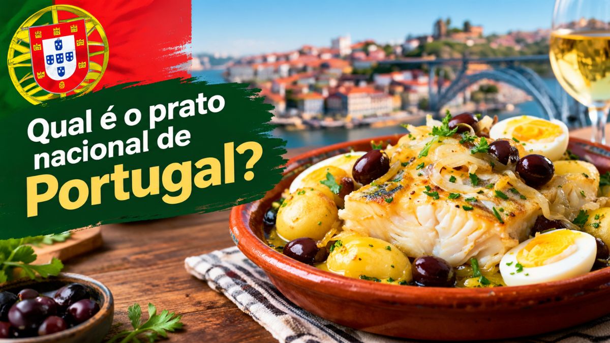 Prato de bacalhau assado com batatas, azeitonas e ovos cozidos, acompanhado pela bandeira de Portugal e paisagem da cidade do Porto ao fundo.