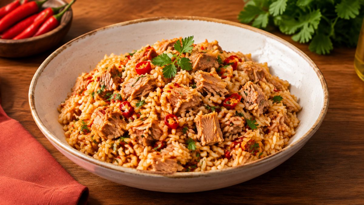 Foto aproximada de uma taça grande de cerâmica branca recheada com arroz temperado e suculentos pedaços de atum. O prato está guarnecido com rodelas de malagueta vermelha e coentros frescos picados. Ao fundo, numa mesa de madeira rústica, sobressaem pimentas malaguetas num pequeno recipiente de madeira e folhas de coentros frescos.