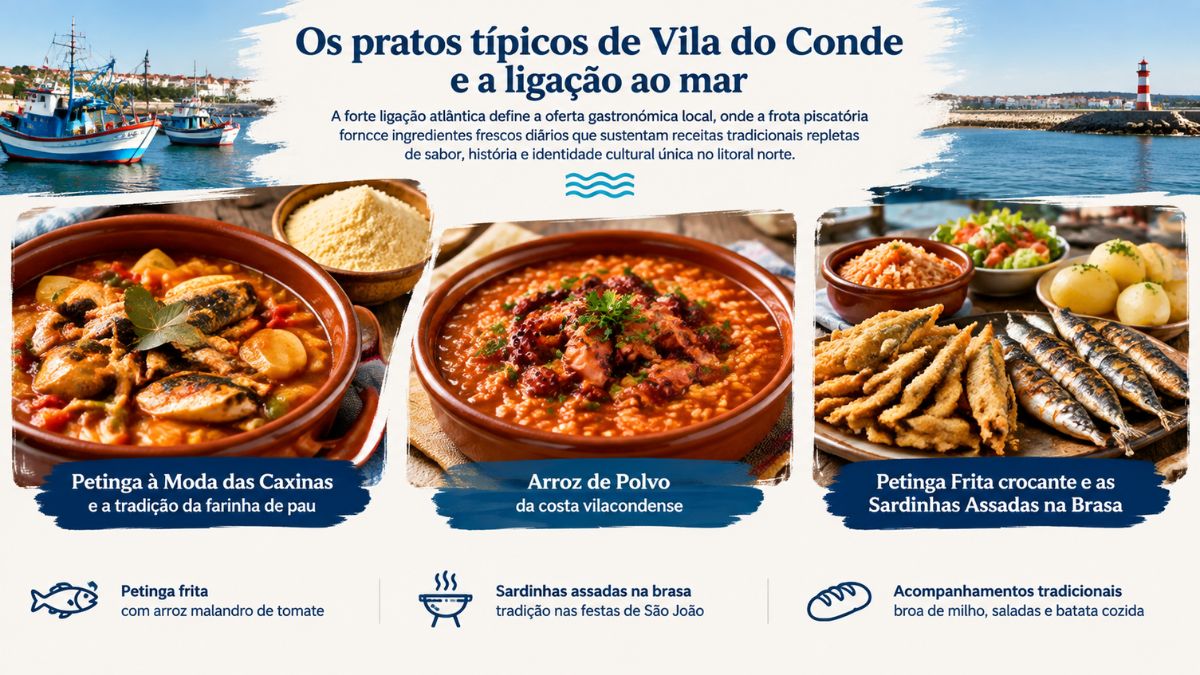 Infográfico dos pratos típicos de Vila do Conde com três imagens destacando a petinga à Moda das Caxinas com farinha de pau, o arroz de polvo e a petinga frita com sardinhas assadas.