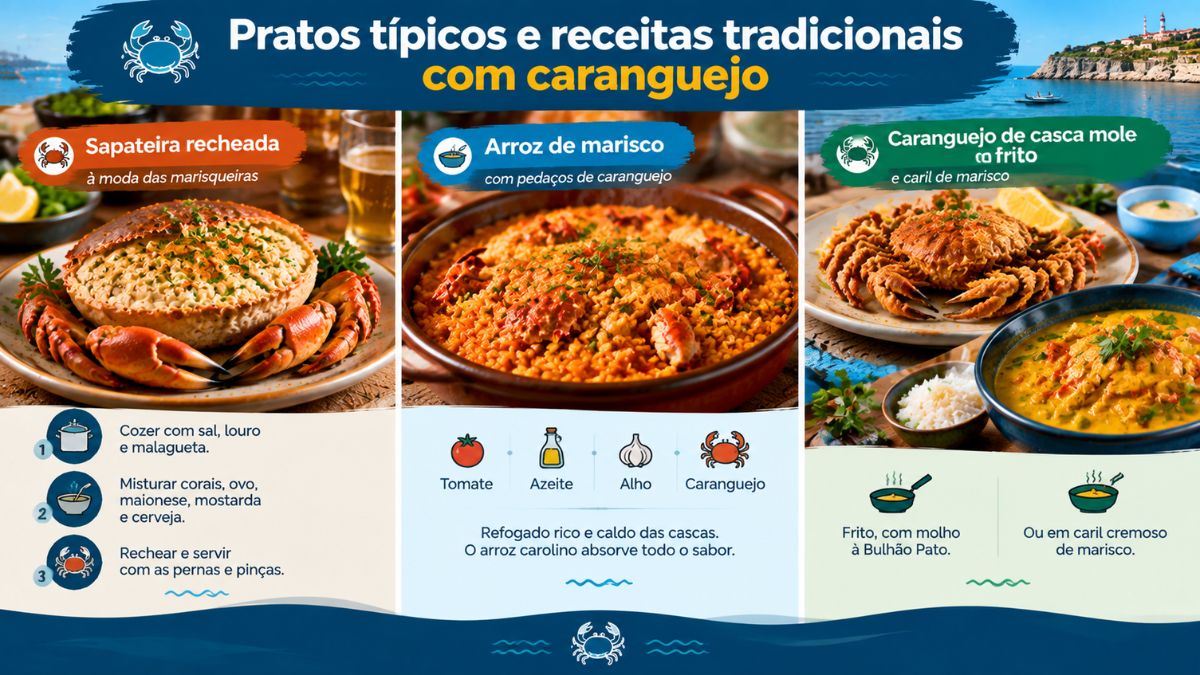 Infográfico com três pratos tradicionais portugueses com caranguejo: sapateira recheada, arroz de marisco caldoso e caranguejo de casca mole frito.