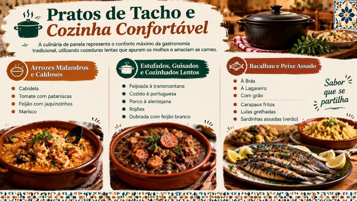 Infográfico sobre pratos de tacho e cozinha confortável das tascas portuguesas, destacando arrozes malandros, estufados, guisados, bacalhau e peixe assado.