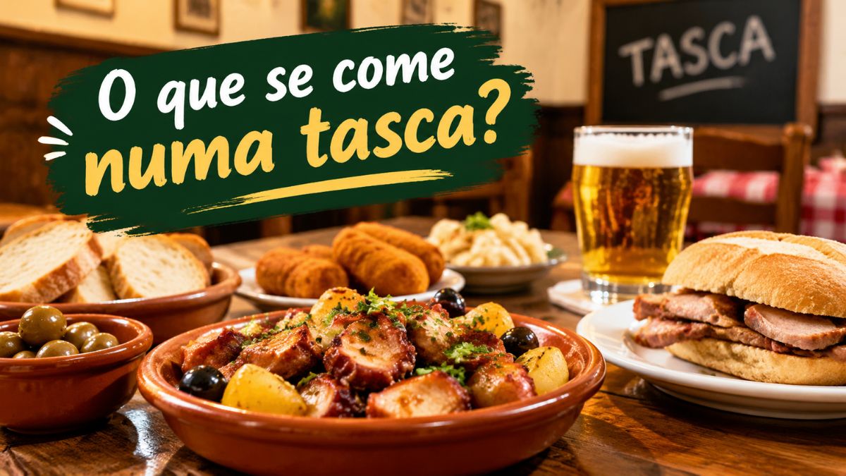 Mesa de tasca tradicional portuguesa com polvo à Lagareiro em prato de barro, pão fatiado, azeitonas, salgados fritos, bifana no pão e um copo de cerveja com o texto o que se come numa tasca.