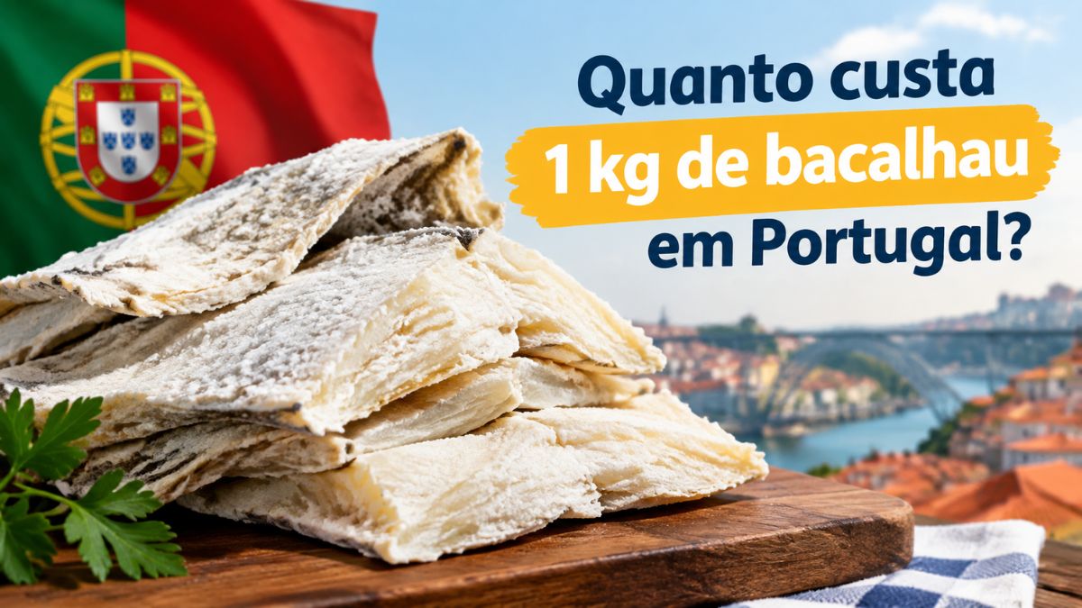 Postas de bacalhau seco salgado empilhadas sobre tábua de madeira com a bandeira de Portugal e vista da cidade do Porto ao fundo com a pergunta quanto custa 1 kg de bacalhau em Portugal.