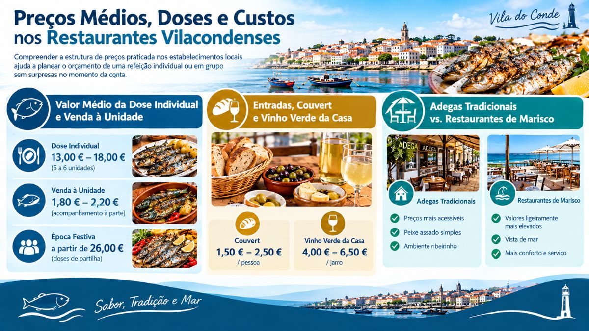 Infográfico sobre preços médios de sardinha assada, doses, couvert e vinho verde nos restaurantes de Vila do Conde.
