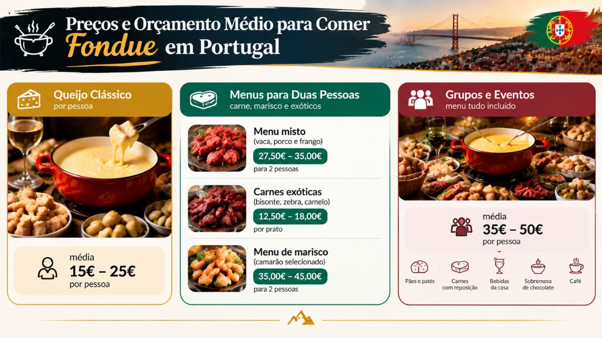 Infográfico explicativo sobre preços médios de fondue em Portugal com valores por pessoa para queijo, carnes, marisco e menus de grupo.