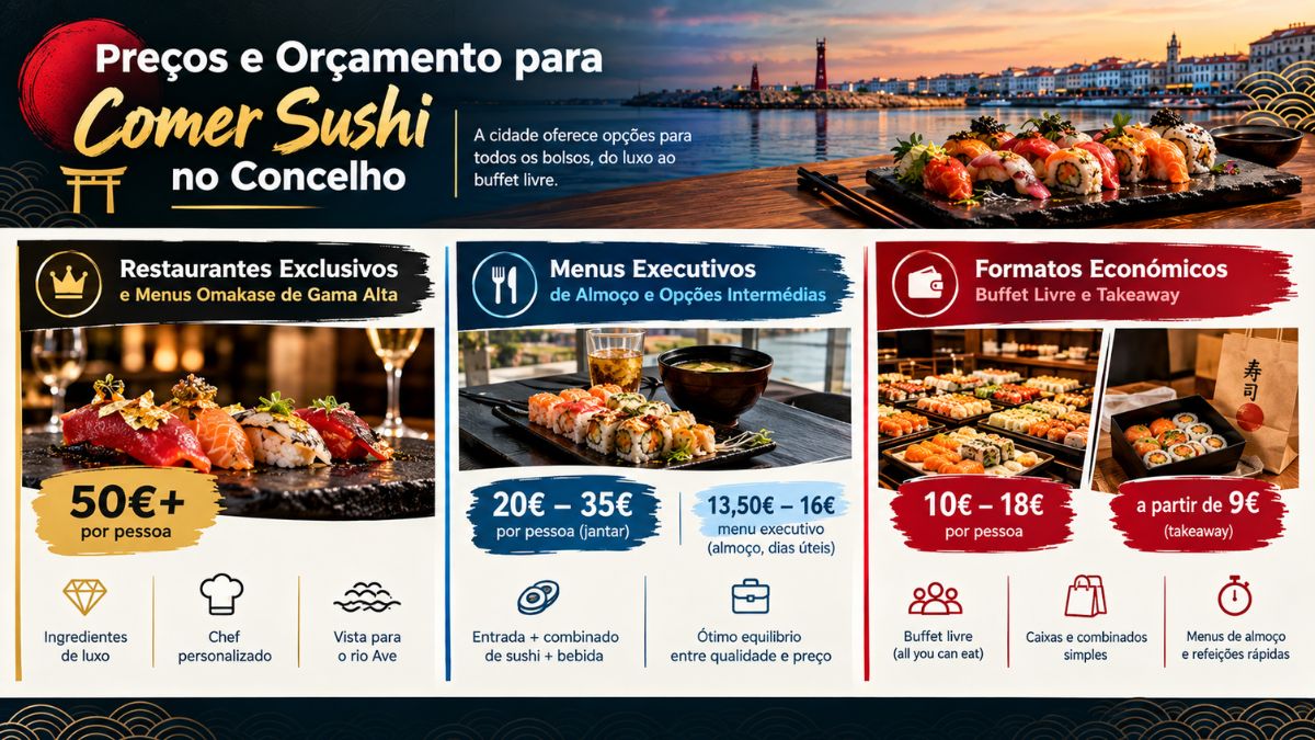 Infográfico explicativo sobre os preços médios e orçamentos para comer sushi em Vila do Conde por gama de restaurante e estilo de refeição.