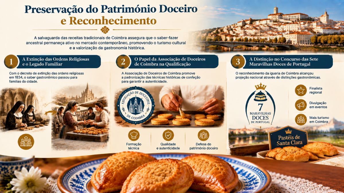 Infográfico sobre a preservação do património doceiro de Coimbra destacando a extinção das ordens religiosas, a associação e concursos.