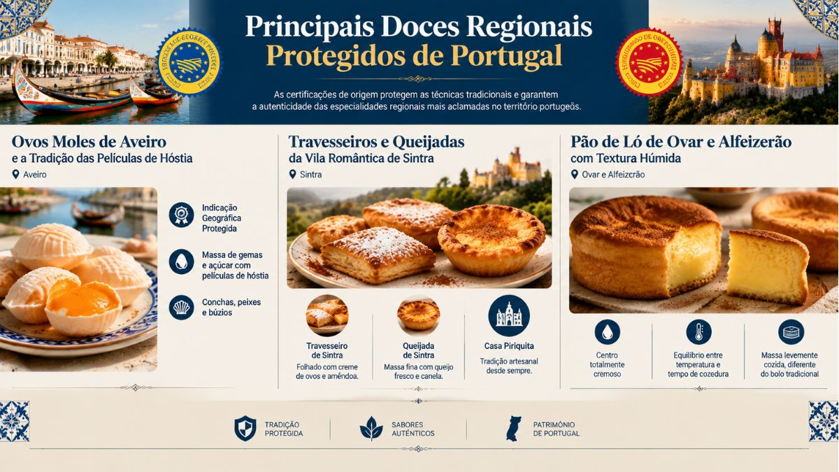 Infográfico sobre doces regionais protegidos de Portugal destacando ovos moles de Aveiro, travesseiros e queijadas de Sintra e pão de ló.
