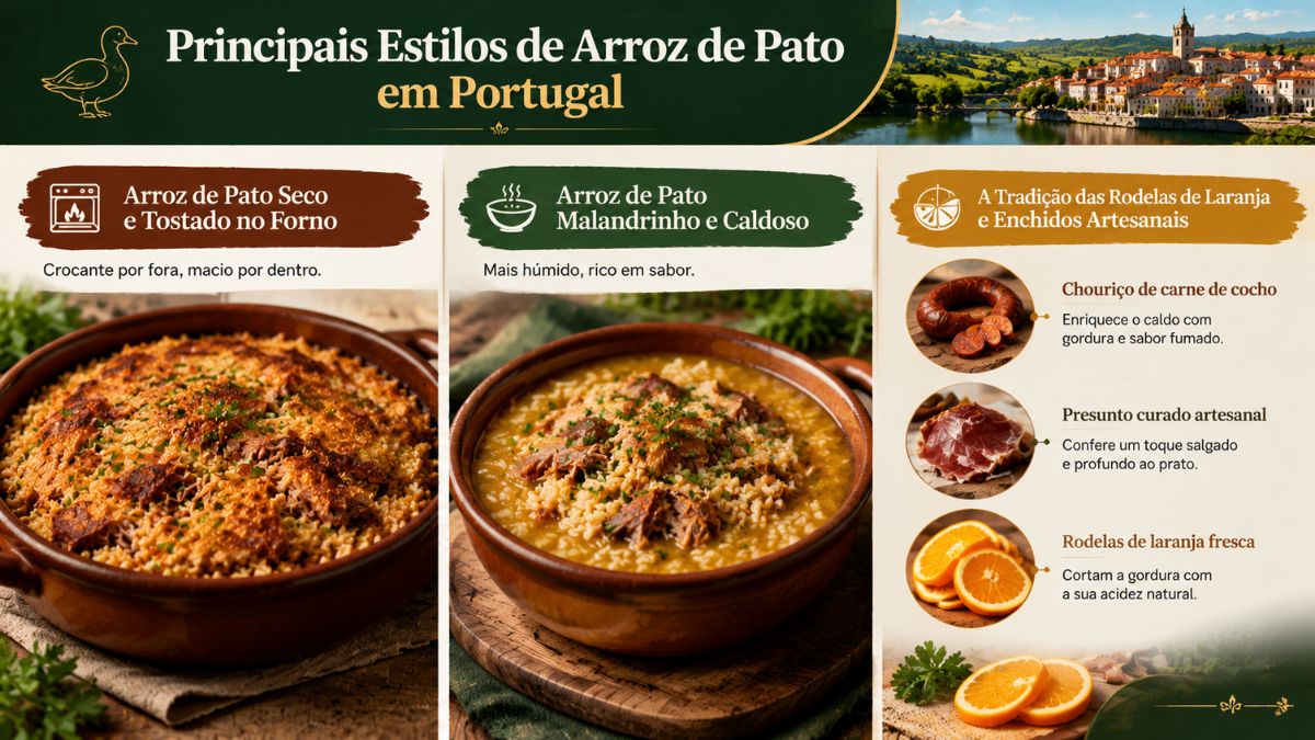 Infográfico comparativo sobre os estilos de arroz de pato em Portugal, mostrando a versão seca de forno, o arroz malandrinho e os ingredientes artesanais.