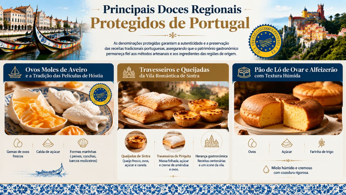 Infográfico explicativo sobre os doces regionais protegidos de Portugal, mostrando Ovos Moles de Aveiro, Travesseiros e Queijadas de Sintra, e Pão de Ló de Ovar.