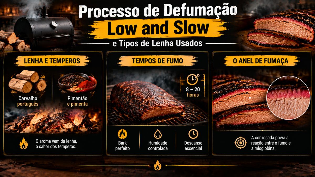Infográfico explicativo sobre o processo de defumação low and slow e tipos de lenha usados com carvalho português pimentão pimenta e anel de fumo.