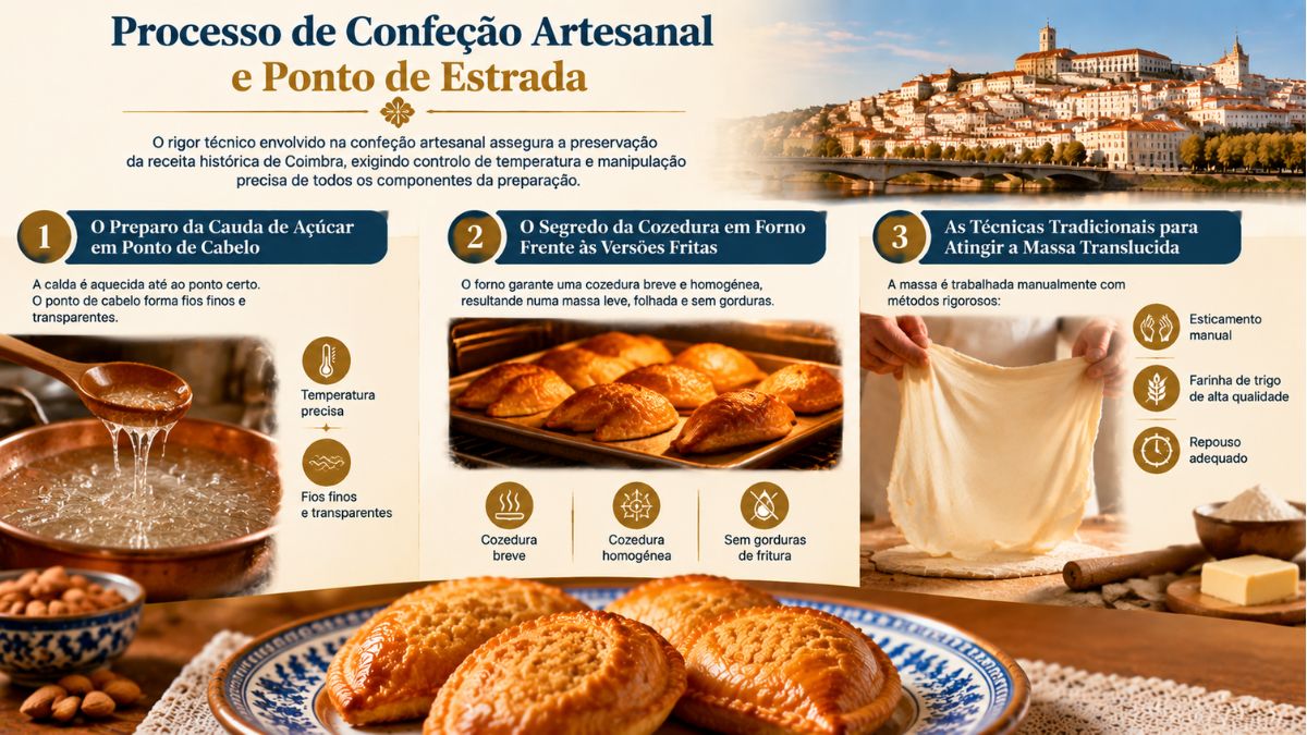 Infográfico sobre o processo de confeção artesanal dos pastéis de Santa Clara mostrando a calda, cozedura no forno e massa translúcida.