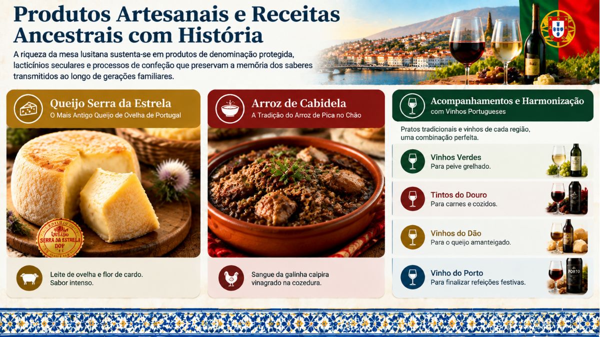 Infográfico sobre produtos artesanais e receitas ancestrais de Portugal, apresentando Queijo Serra da Estrela com selo DOP, Arroz de Cabidela e harmonização com vinhos portugueses.