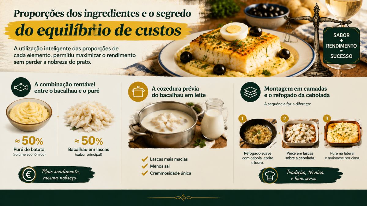 Infografia sobre as proporções de ingredientes no bacalhau à Zé do Pipo, com destaque para a cozedura em leite e montagem por camadas.