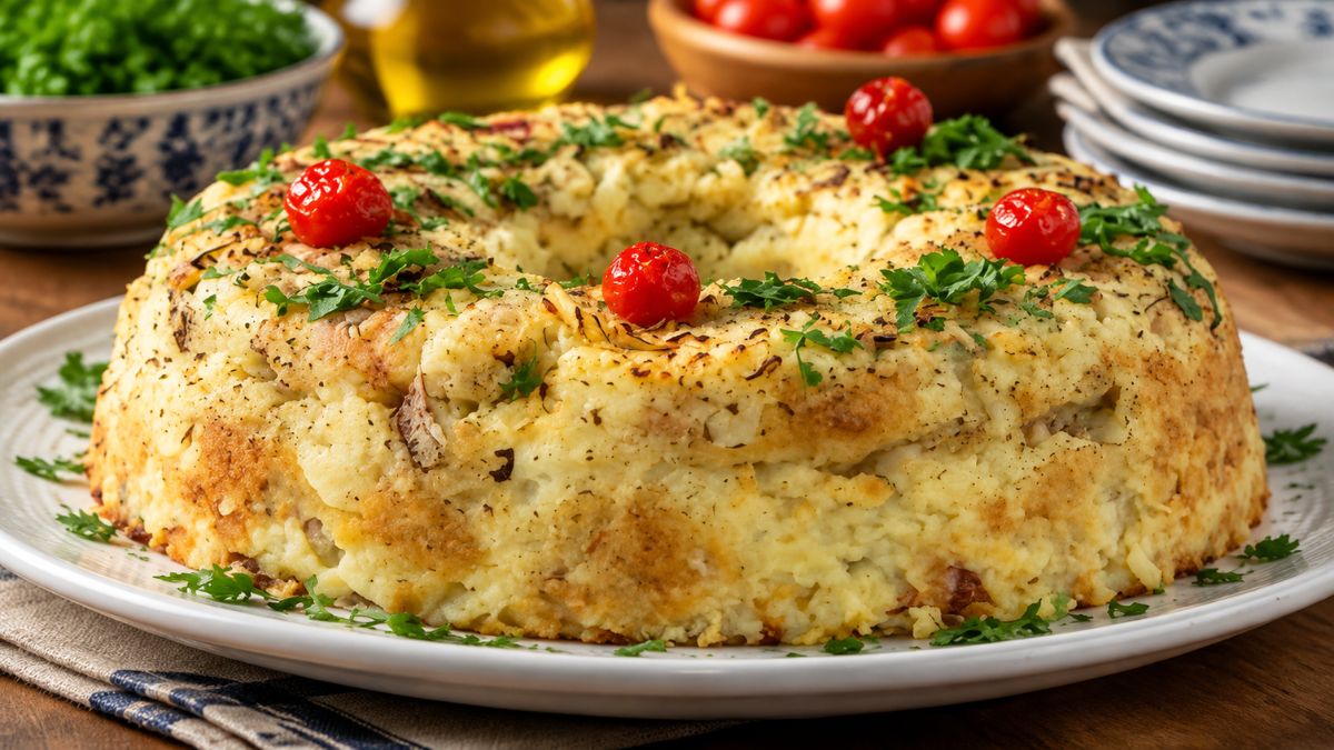 Pudim de bacalhau dourado em forma com furo central, decorado com salsa fresca picada e tomates chucha pequenos, servido num prato branco.