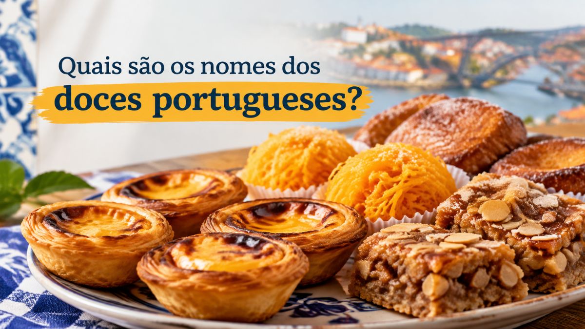 Prato com variedade de doces portugueses tradicionais, incluindo pastéis de nata estaladiços, fios de ovos dourados e bolos conventuais com amêndoas, com fundo de azulejos e paisagem urbana de Portugal.