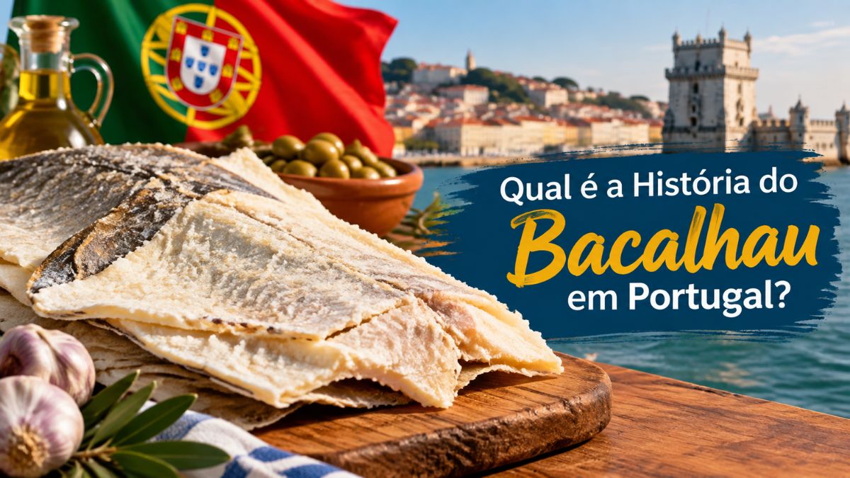 Uma imagem que apresenta bacalhau seco e salgado sobre uma tábua de madeira, com alho e azeitonas ao lado. Ao fundo, vê-se a bandeira de Portugal e a Torre de Belém sobre o rio Tejo. Há texto sobreposto que diz "Qual é a História do Bacalhau em Portugal?".