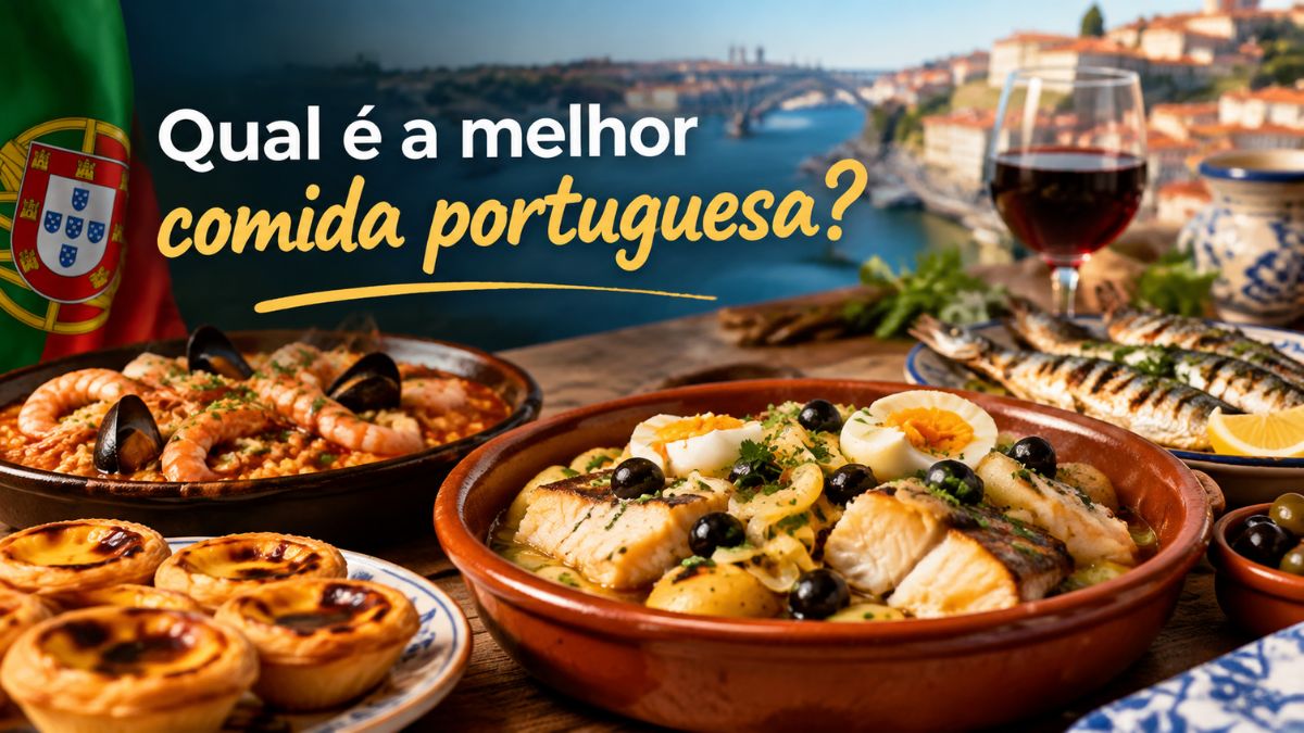 Mesa com pratos típicos da culinária de Portugal, incluindo bacalhau cozido com ovos e azeitonas, arroz de marisco, sardinhas assadas, pastéis de nata e vinho.