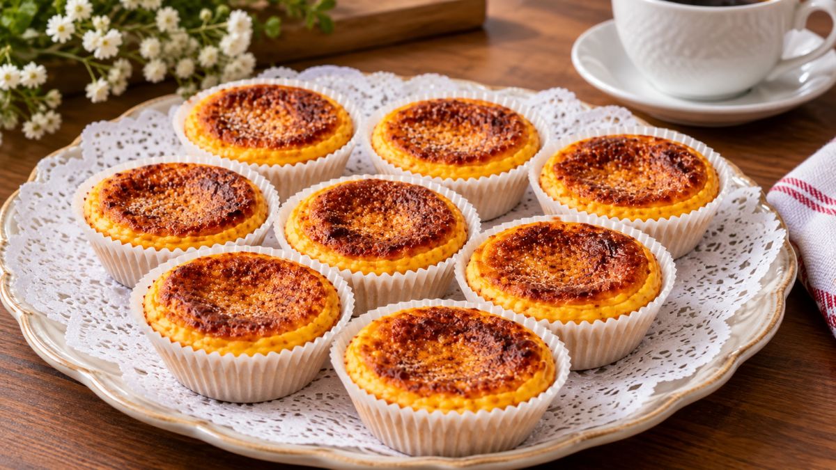 Oito queijadas de Sintra douradas e caramelizadas em formas de papel sobre um prato de servir rendado de cerâmica.