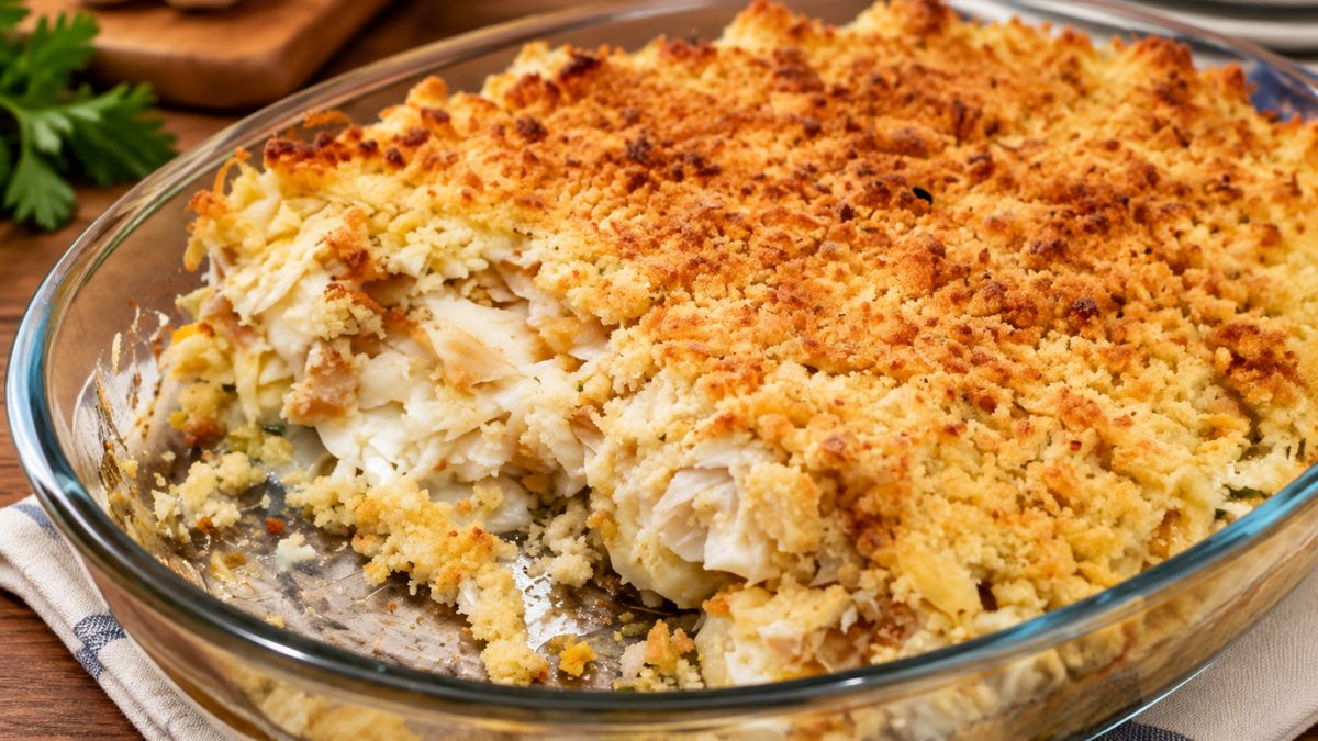 Lombos suculentos de bacalhau assado em assadeira de vidro, cobertos por uma generosa crosta dourada e crocante de broa de milho gratinada, com coentros visíveis e uma porção servida.