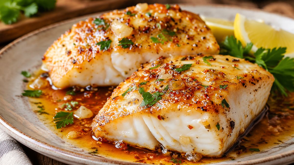 Duas postas de bacalhau frito douradas e suculentas em prato rústico, banhadas em molho de azeite e alho, salpicadas com salsa fresca e guarnecidas com fatias de limão.
