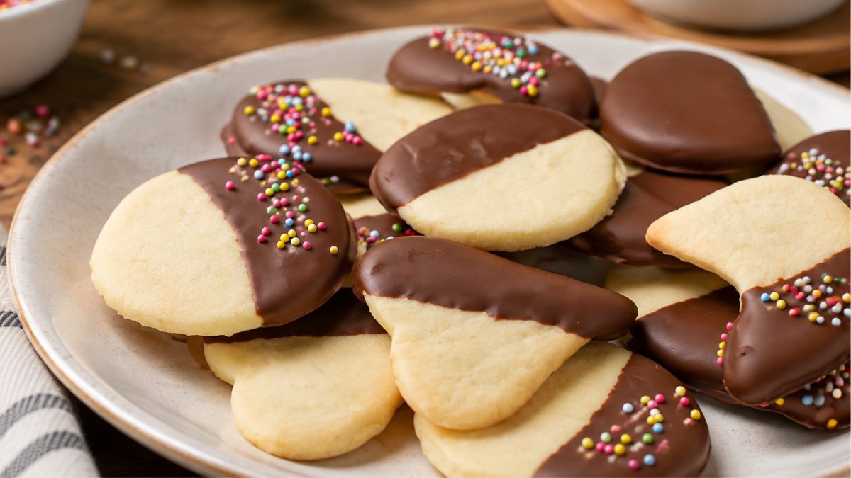 Um prato de cerâmica branca, posicionado sobre uma superfície de madeira rústica, apresenta uma apetitosa pilha de biscoitos amanteigados em formato de coração e circulares. Cada biscoito está coberto com chocolate derretido em uma extremidade e adornado com granulado colorido. O fundo é suavemente desfocado, criando um contraste acolhedor.