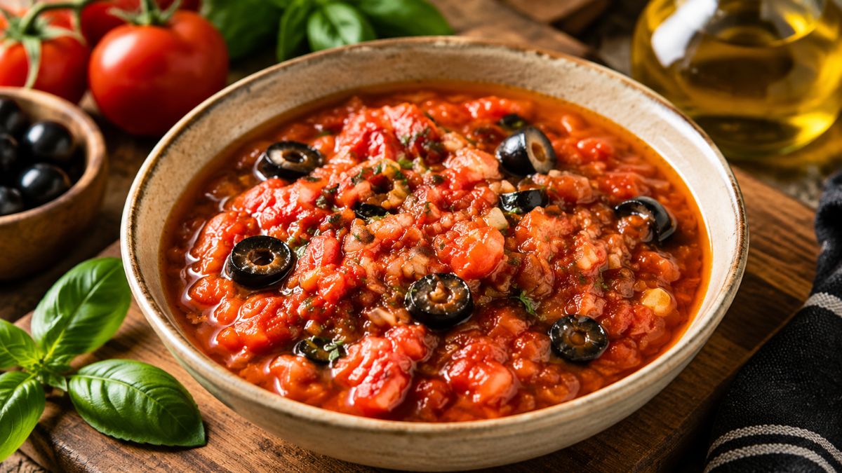Uma taça de cerâmica rústica cheia de molho de tomate texturizado com pedaços visíveis de tomate e azeitonas pretas às rodelas guarnecido com manjericão fresco sobre uma mesa de madeira.