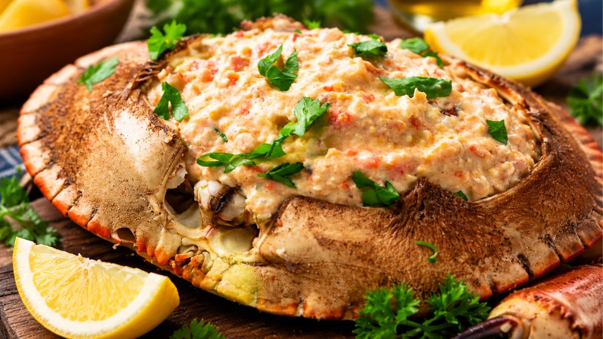 Fotografia em grande plano de uma sapateira recheada servida na própria carcaça. O recheio cremoso e alaranjado está polvilhado com salsa fresca picada. A carcaça assenta numa tábua de madeira rústica ladeada por gomos de limão brilhantes, ramos de salsa e uma pata do crustáceo em primeiro plano.