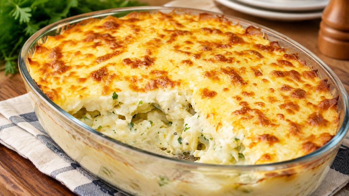 Um prato de vidro retangular cheio de escondidinho de bacalhau com uma crosta dourada de queijo gratinado e recheio cremoso e verde à vista.