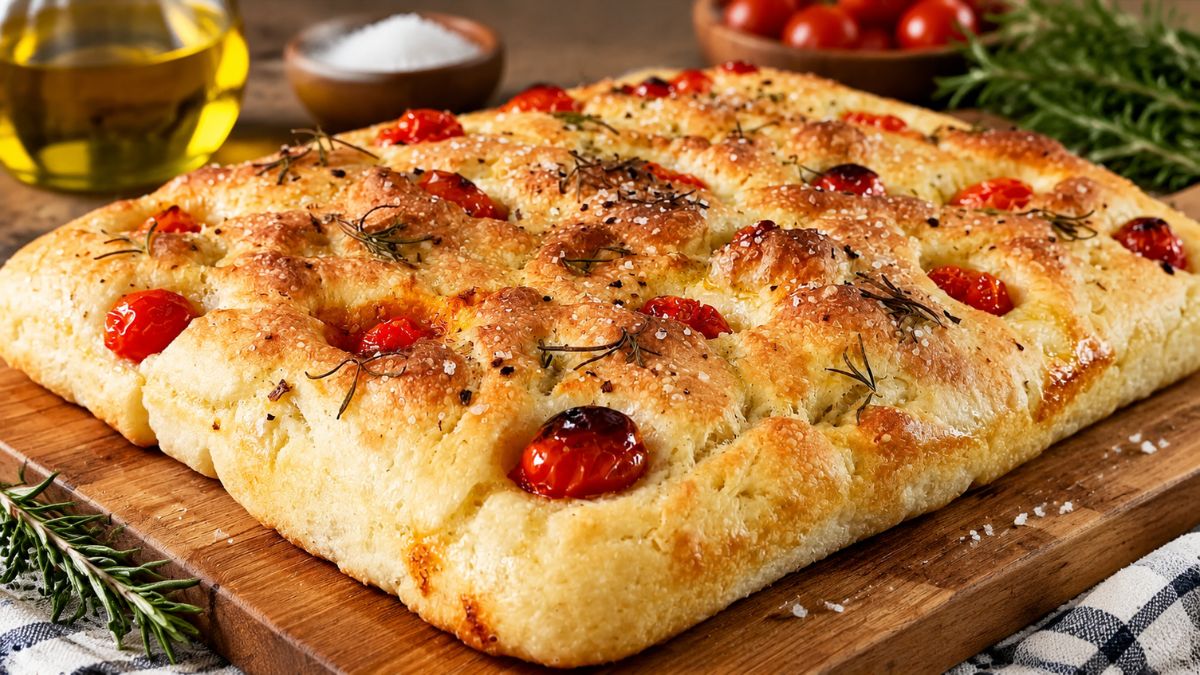 Uma focaccia dourada e artesanal sobre uma tábua de madeira, coberta com tomates cereja assados, alecrim fresco e sal grosso granulado.