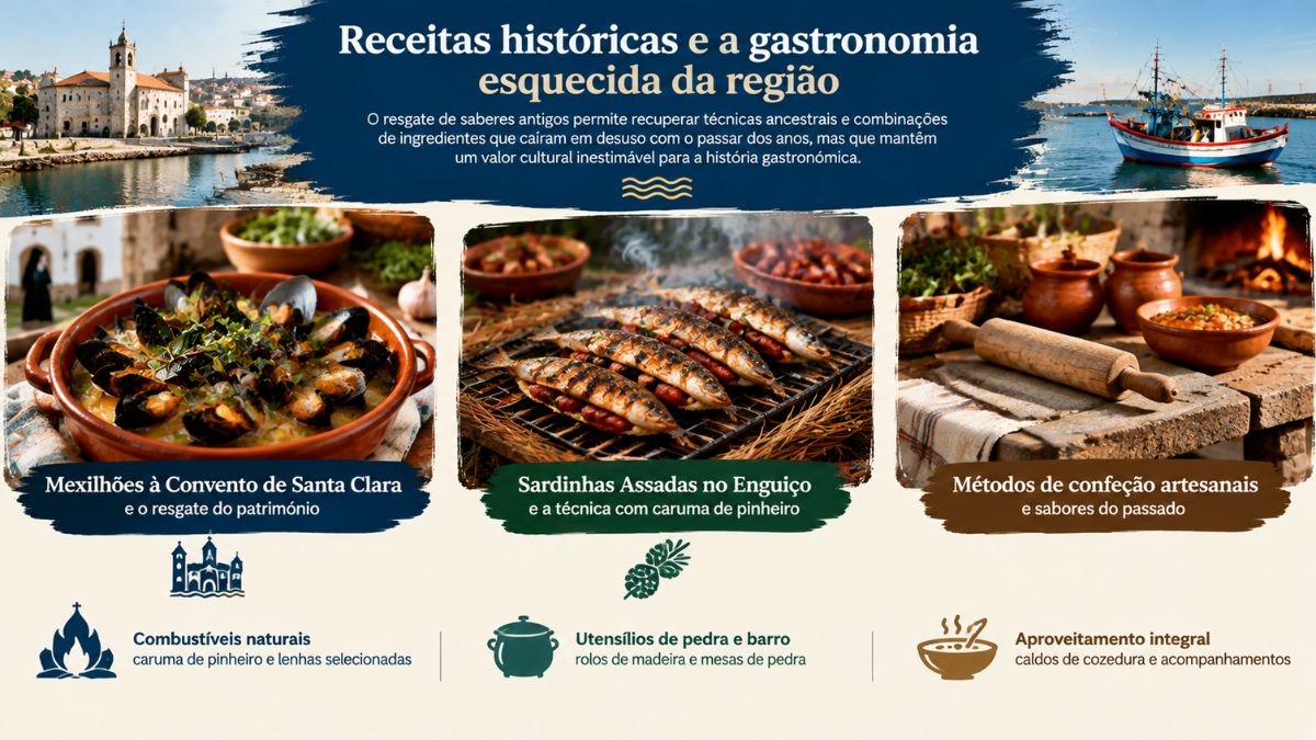 Infográfico das receitas históricas e da gastronomia esquecida de Vila do Conde com três cartões ilustrando mexilhões à Convento de Santa Clara, sardinhas assadas no enguiço e métodos artesanais.