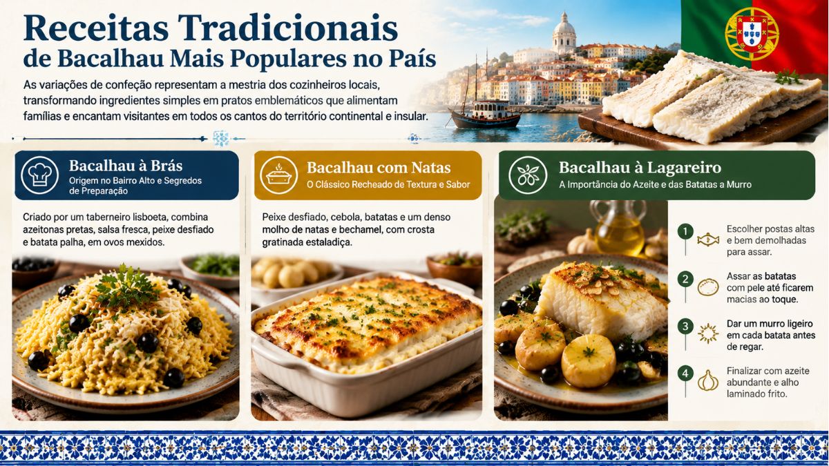 Infográfico com as receitas tradicionais de bacalhau mais populares de Portugal, mostrando Bacalhau à Brás, Bacalhau com Natas e Bacalhau à Lagareiro com os seus passos de preparação.