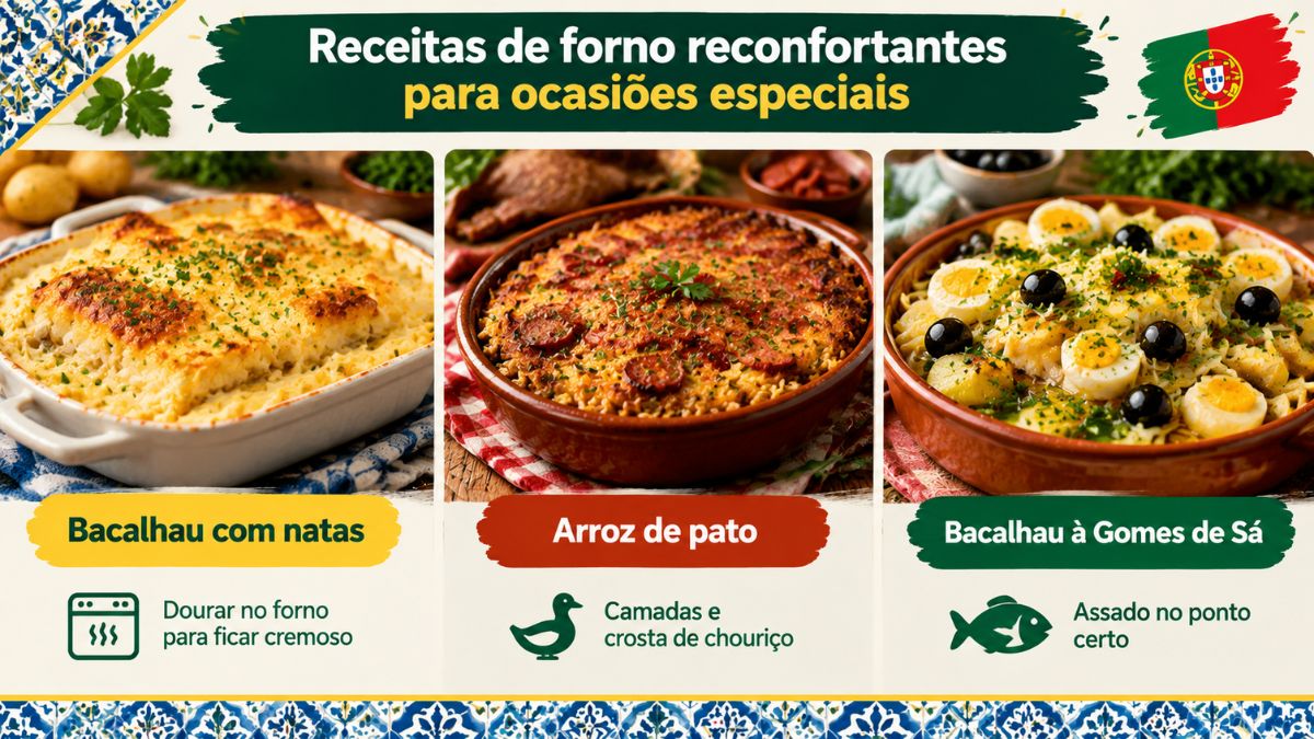 Infográfico com três pratos assados da culinária de Portugal incluindo bacalhau com natas, arroz de pato e bacalhau à Gomes de Sá para o jantar.