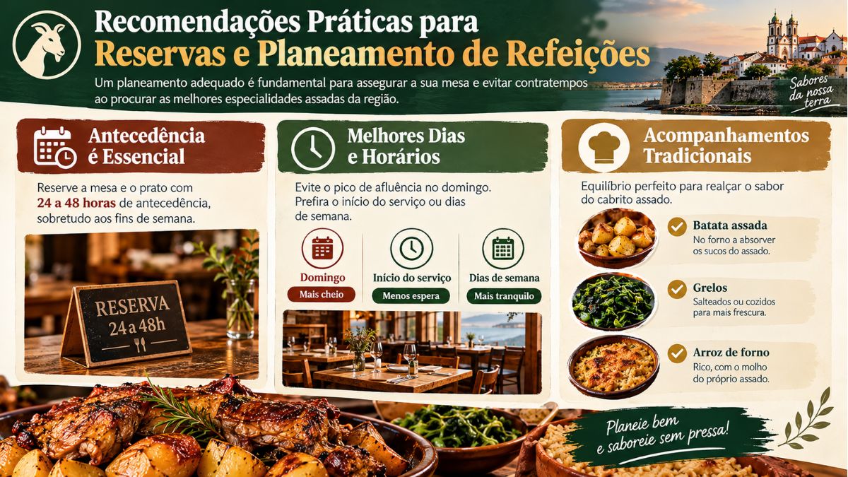 Infográfico explicativo sobre planeamento de refeições, antecedência de reservas e acompanhamentos tradicionais de cabrito em Vila do Conde.