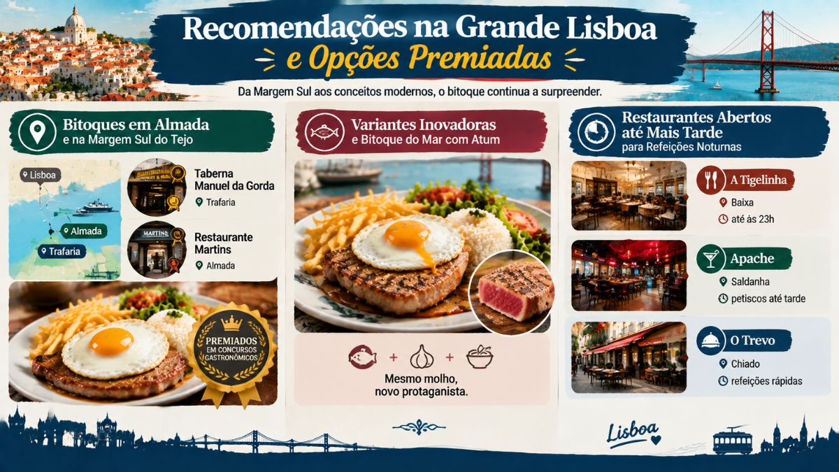Infográfico sobre recomendações de bitoque na Grande Lisboa detalhando restaurantes premiados em Almada, bitoque do mar e locais abertos até mais tarde.