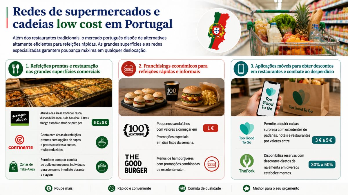 Infográfico com opções em redes de supermercados e cadeias low cost em Portugal destacando refeições prontas, franchisings económicos e aplicações móveis de desconto.
