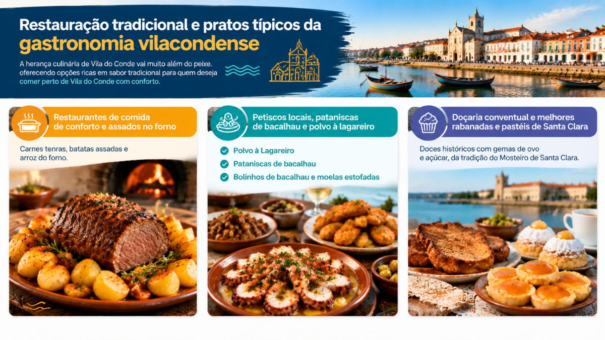 Infográfico sobre a gastronomia tradicional de Vila do Conde com assados no forno, petiscos regionais e doçaria conventual de Santa Clara.