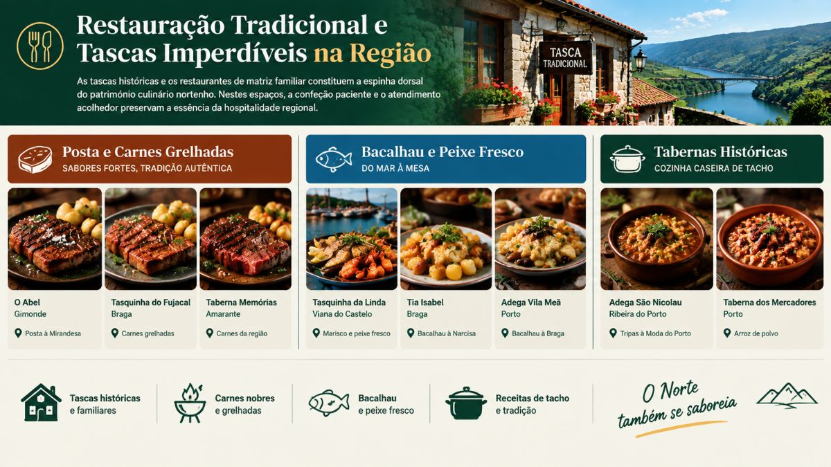 Infográfico com guia de restaurantes e tascas imperdíveis no Norte de Portugal divididos por carnes grelhadas, bacalhau, peixe fresco e tabernas históricas com locais emblemáticos como Gimonde, Braga, Amarante, Viana do Castelo e Porto.