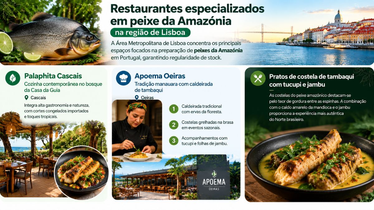 Infográfico informativo com restaurantes especializados em peixe tambaqui em Cascais e Oeiras com pratos de costela com tucupi e jambu.