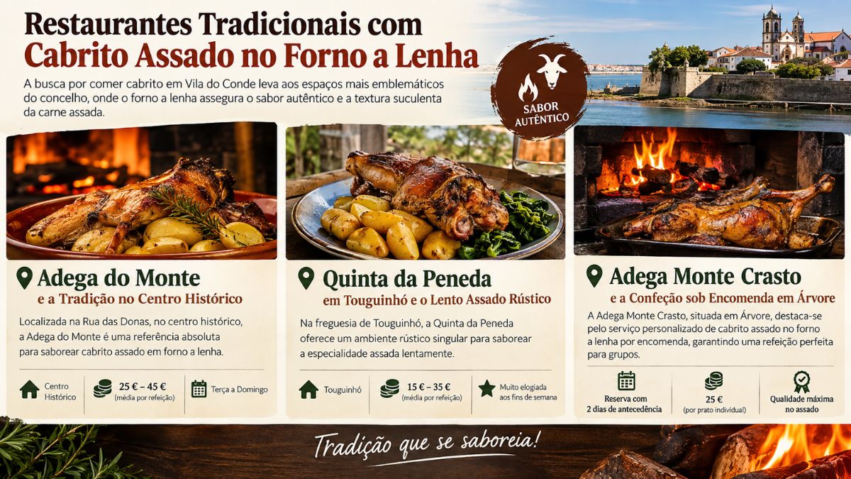 Infográfico informativo sobre os restaurantes Adega do Monte, Quinta da Peneda e Adega Monte Crasto com pratos de cabrito assado e detalhes de serviço.