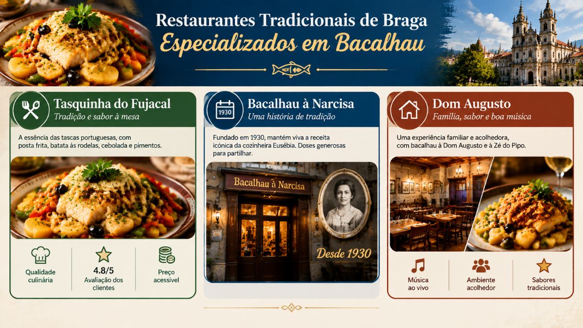 Infográfico dos restaurantes tradicionais em Braga especializados em bacalhau, destacando a Tasquinha do Fujacal, o Bacalhau à Narcisa e o Dom Augusto.