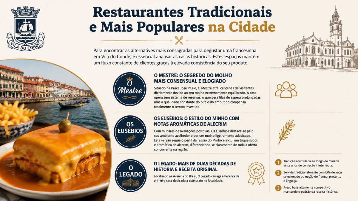 Infográfico com lista dos restaurantes tradicionais de francesinha em Vila do Conde destacando as casas O Mestre, Os Eusébios e O Legado.