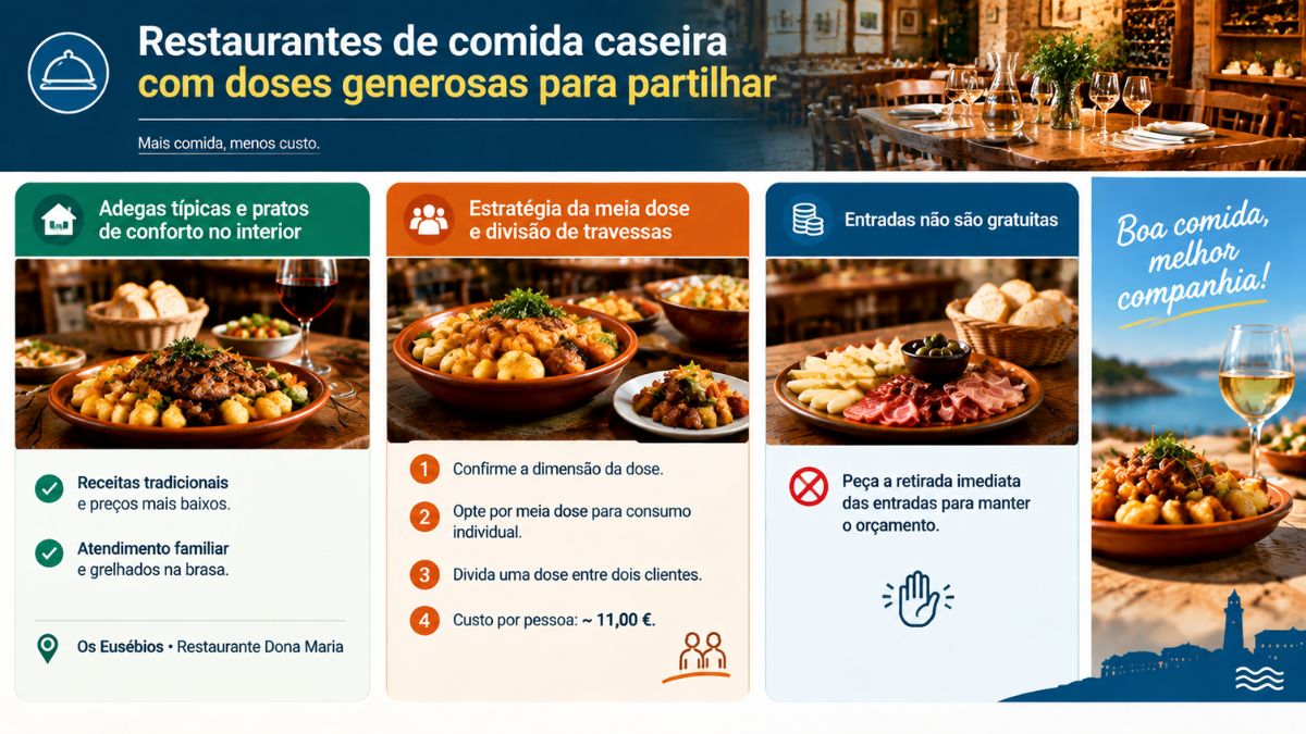 Infográfico explicativo sobre restaurantes de comida caseira em Vila do Conde destacando estratégias de partilha de pratos e gestão de entradas.